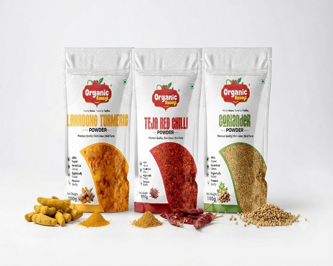 Lakadong Turmaric, Teja red chilli, coriander (100 gm combo pack)