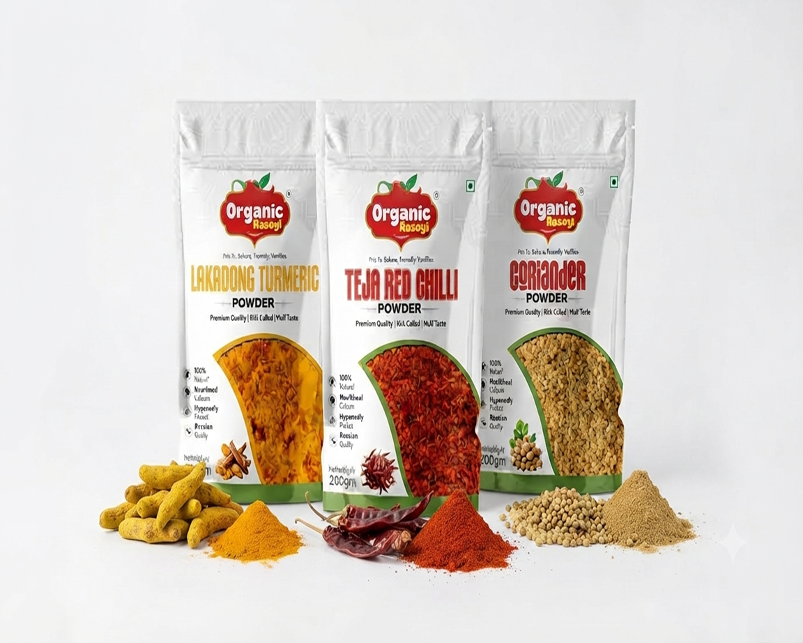 Lakadong Turmaric, Teja red chilli, coriander (200 gm combo pack)